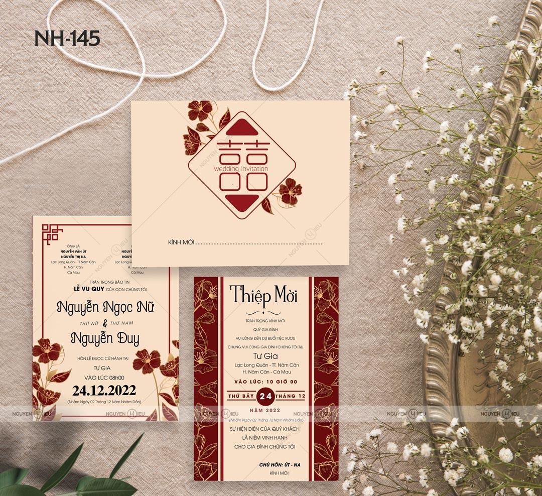 Thiệp Cưới Nguyễn Hiếu Thiết Kế Thiệp cưới họa tiết hoa lá màu kem