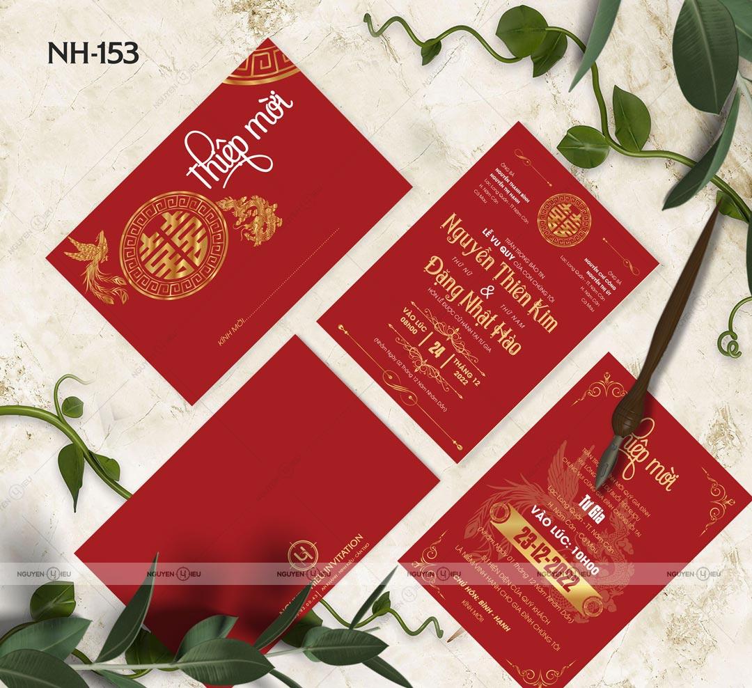 NH-153D Thiệp cưới màu đỏ rồng phụng