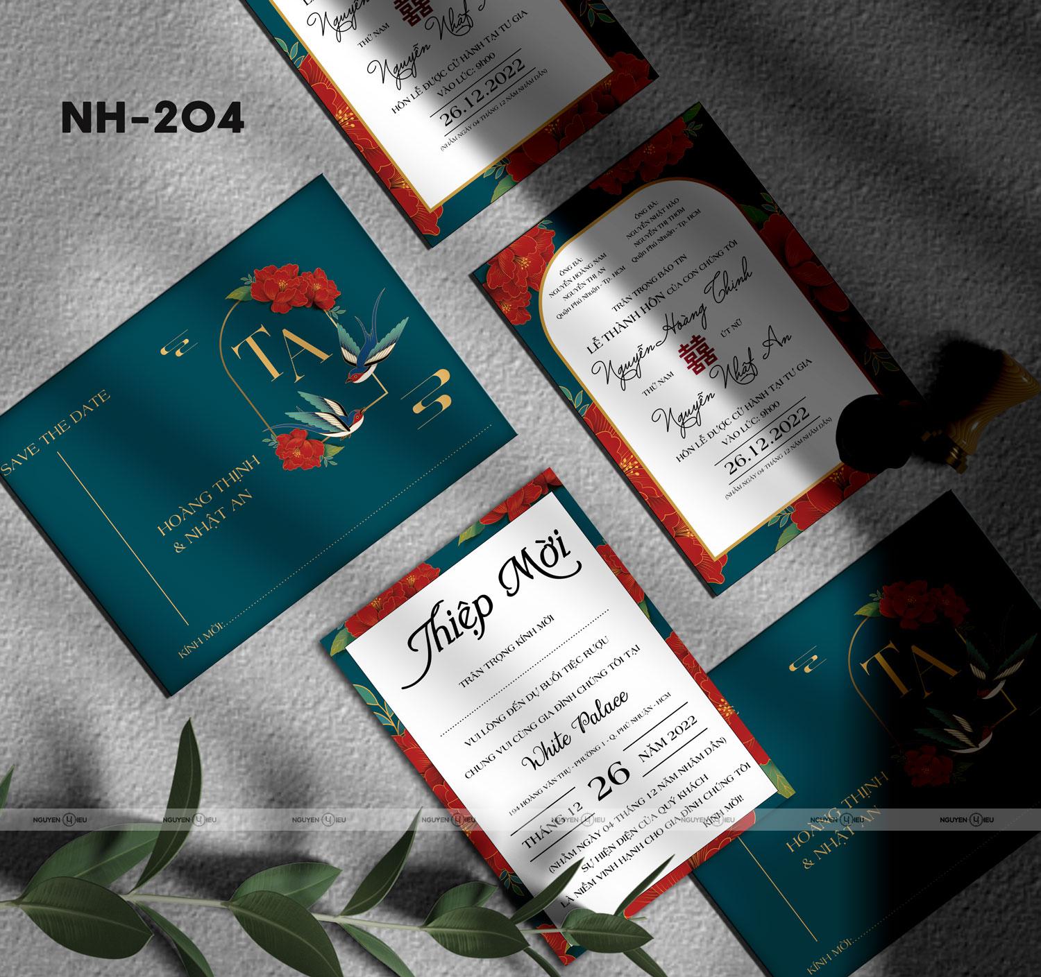 Thiệp cưới Nguyễn Hiếu thiết kế Thiệp cưới màu xanh hoa đỏ